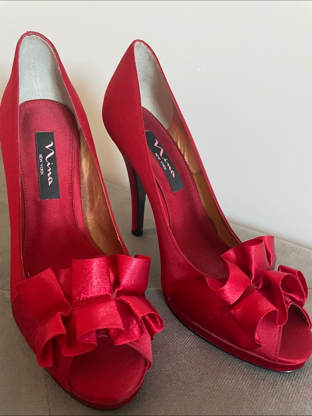 ANNA New York Red Satin Peep-Toe Ruffle Heels